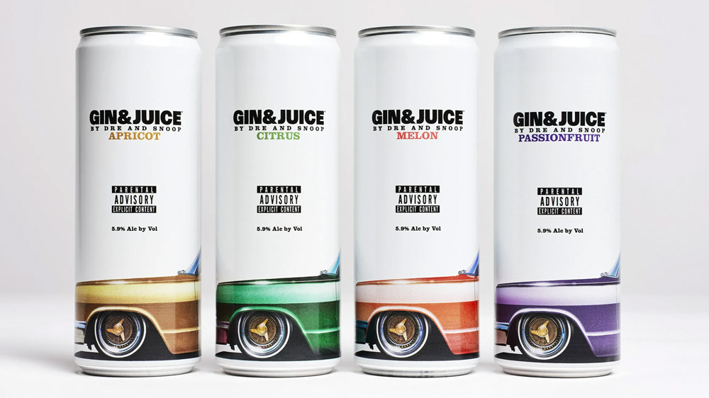 Four cans of Gin & Juice By Dre and Snoop, side-by-side, in front of an off white background